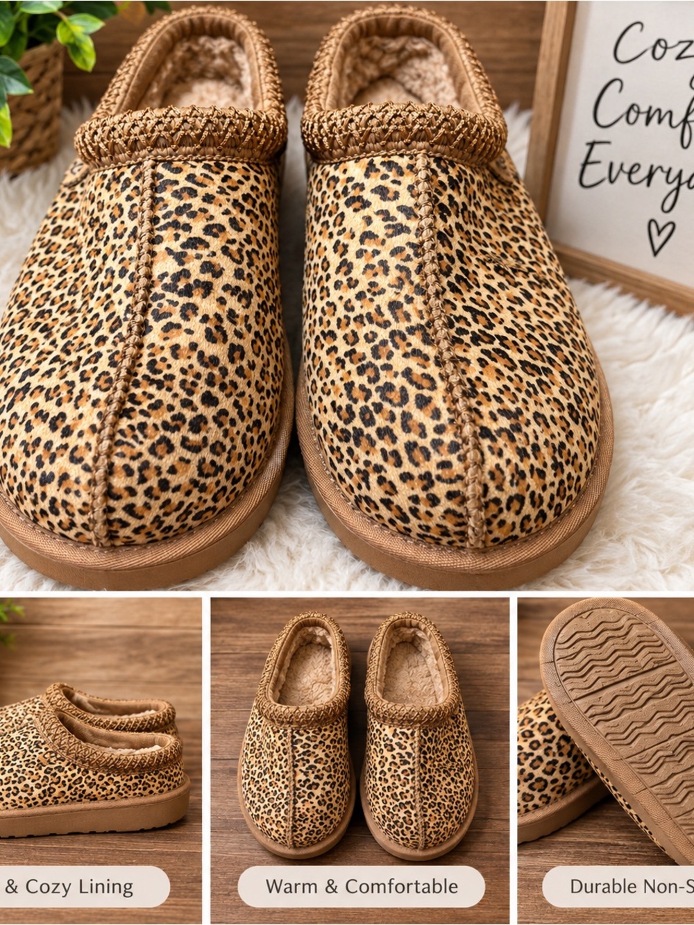 UGG Leopard-Print Cozy Slip-On Clogs in Tan and Black